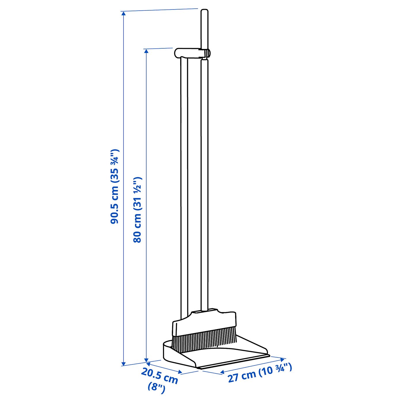 IKEA公式寸法図。幅27cm・奥行き20.5cm、ちり取り側90.5cm/ほうき側80cm。