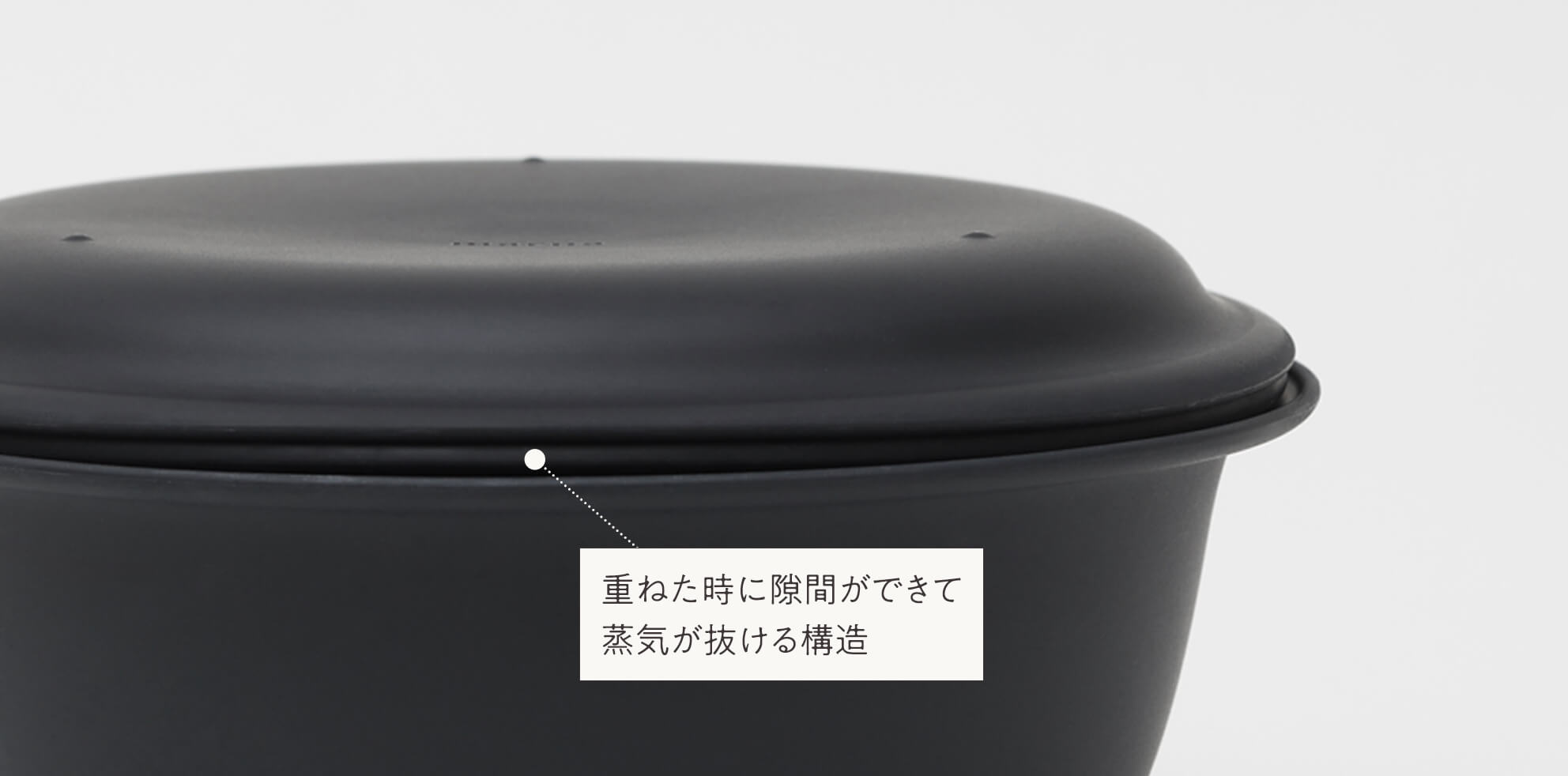 トレーと容器の間に蒸気の抜けるすき間ができる、メーカーの説明写真です。