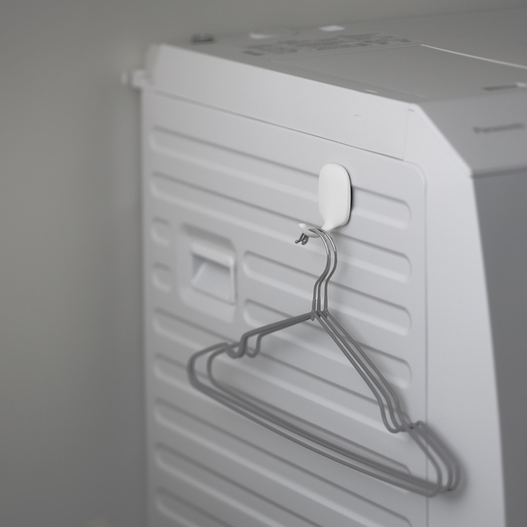 洗濯機側面へ付け、ハンガーを掛けたメーカー使用例です。