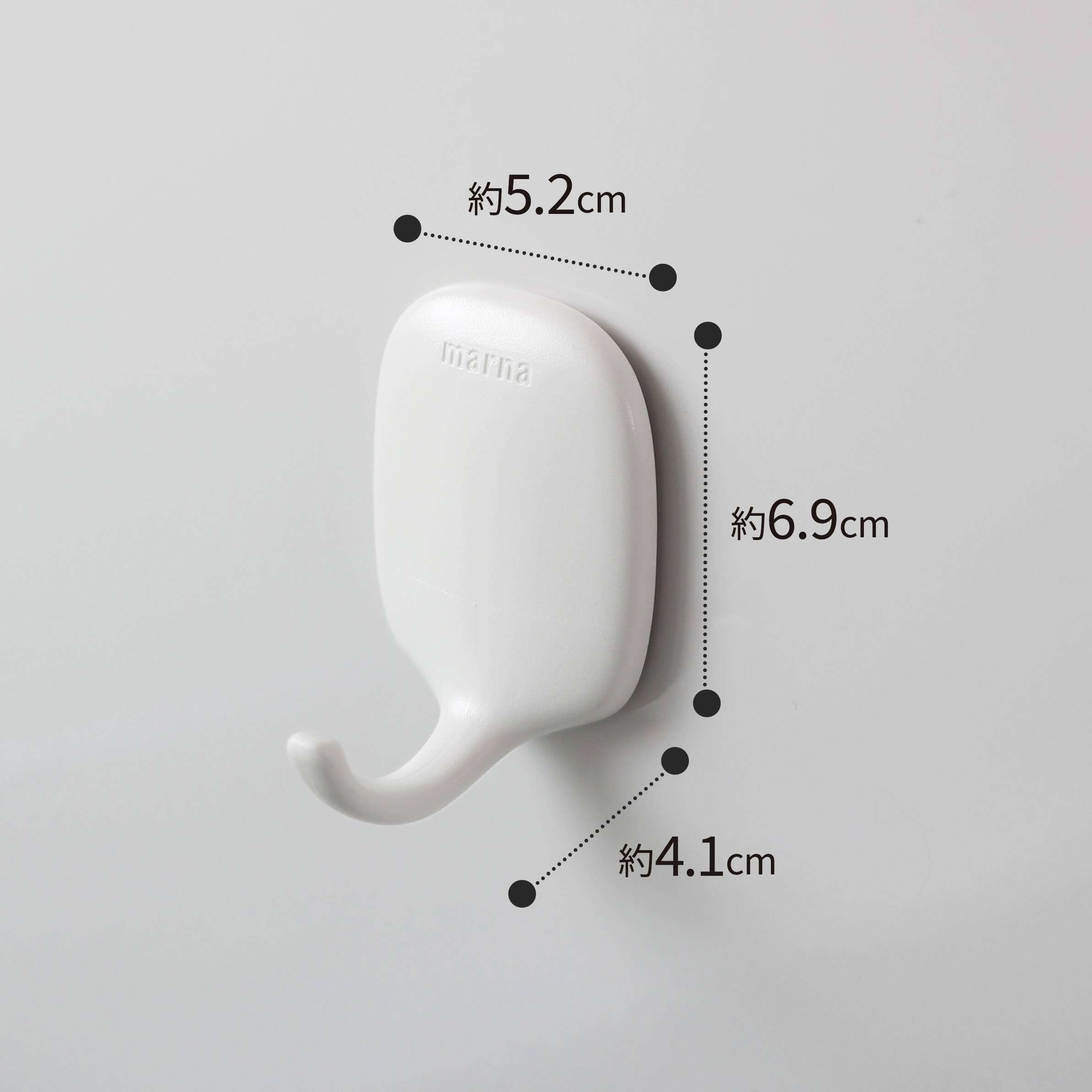 約5.2cm・6.9cm・4.1cmを示すメーカー寸法画像。商品詳細の約52×69×41mmと対応します。