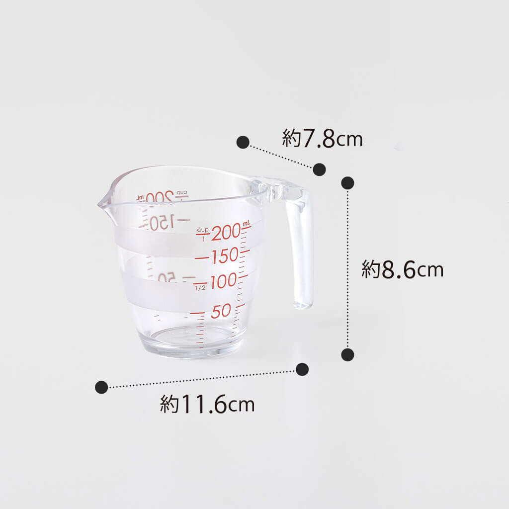 200mL版のメーカー寸法写真。横約11.6cm・縦約8.6cm・奥行き方向約7.8cmを示しています。