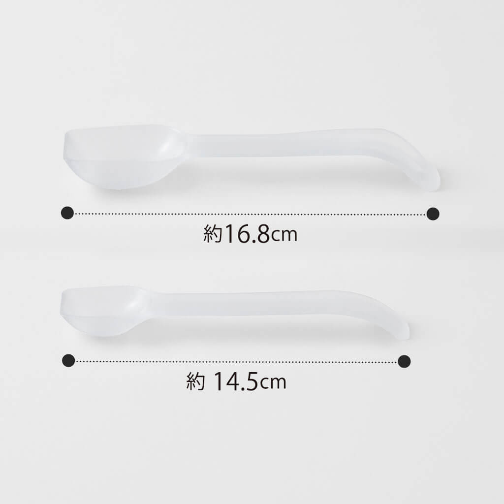 メーカー寸法写真。大さじの全長約16.8cm、小さじ約14.5cmを示しています。