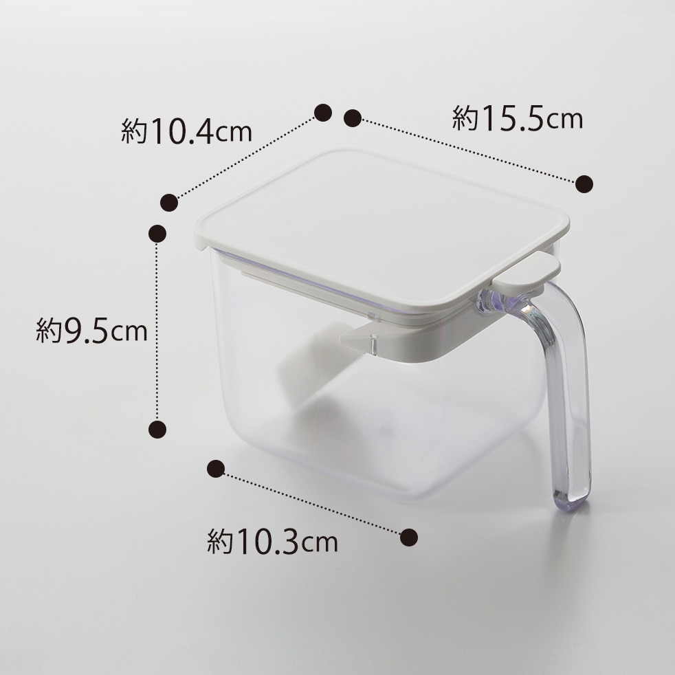 メーカー寸法写真。上面約10.4cm・約15.5cm、高さ約9.5cm、下側約10.3cmの表示です。