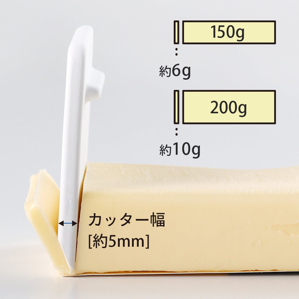 カッター幅約5mmを目安に合わせた場合のメーカー説明画像。150gバター約6g、200gバター約10gという目安です。
